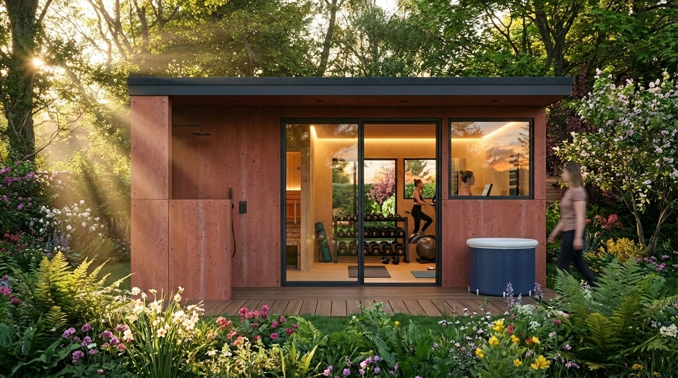 øra wellness pod — training space, sauna and cold plunge in a garden setting